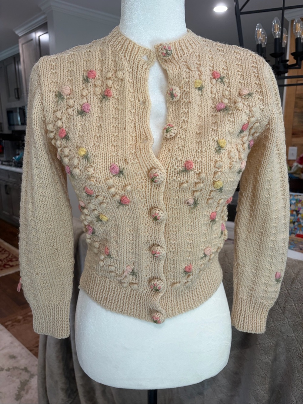 Vintage Cream Embroidered Flower Knit Cardigan